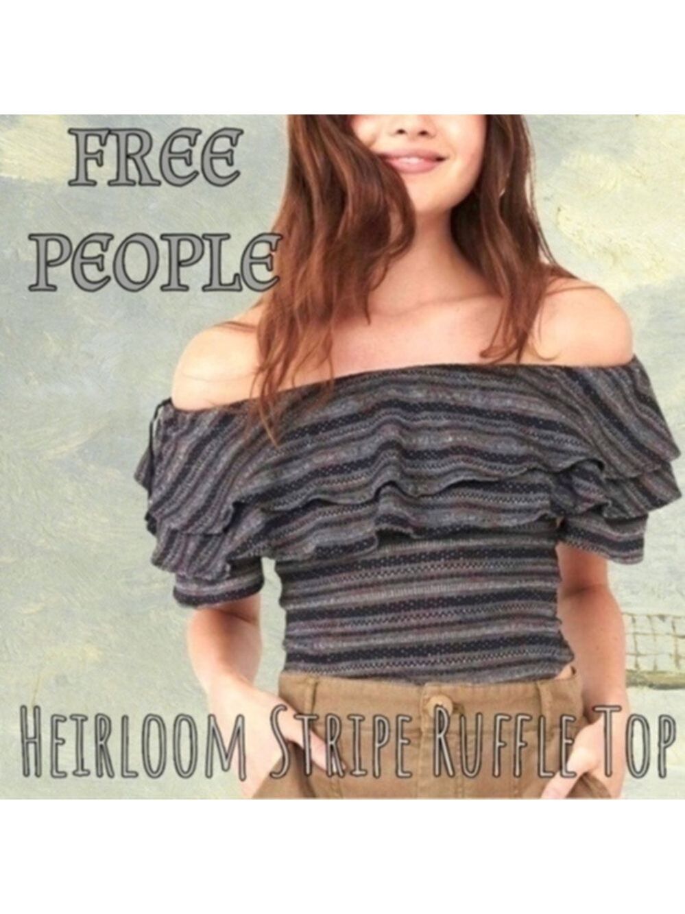 FREE PEOPLE Heirloom Layered-Ruffle-Neck Striped Fitted Off/On Shoulder Top/Md